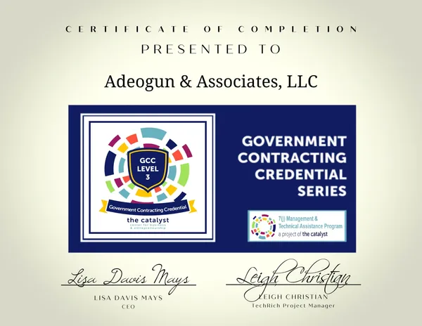 A certificate of completion for government contracting credential series.