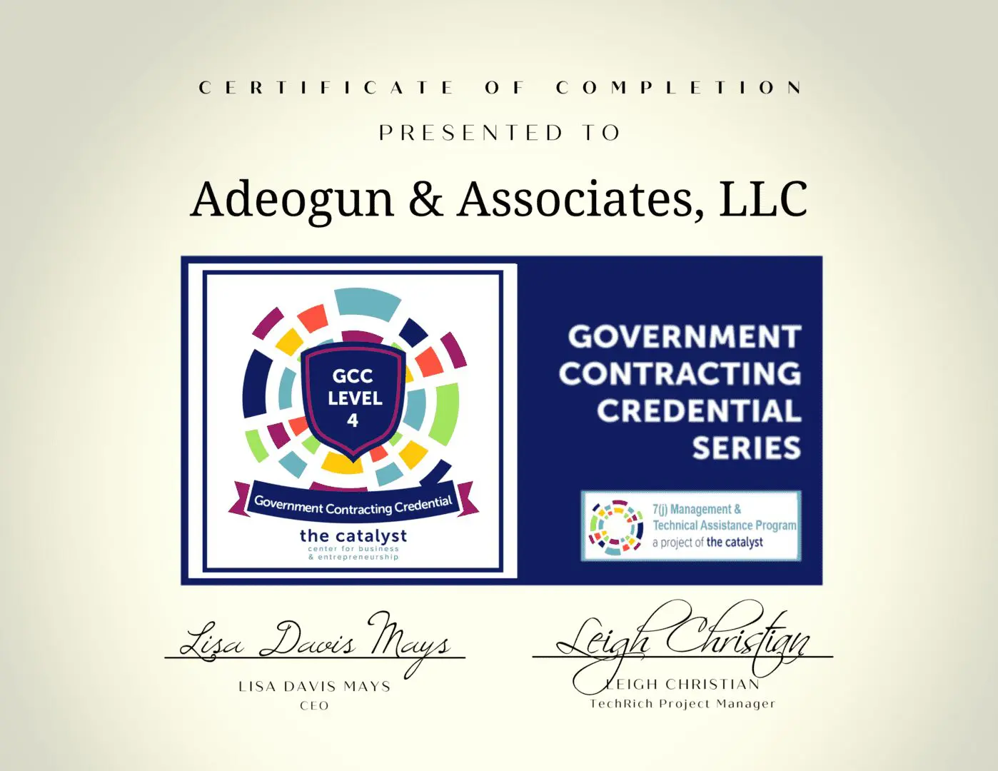 A certificate of completion for government contracting credential series.