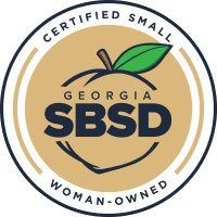 A green circle with the words " certified small woman-owned georgia sbsd."